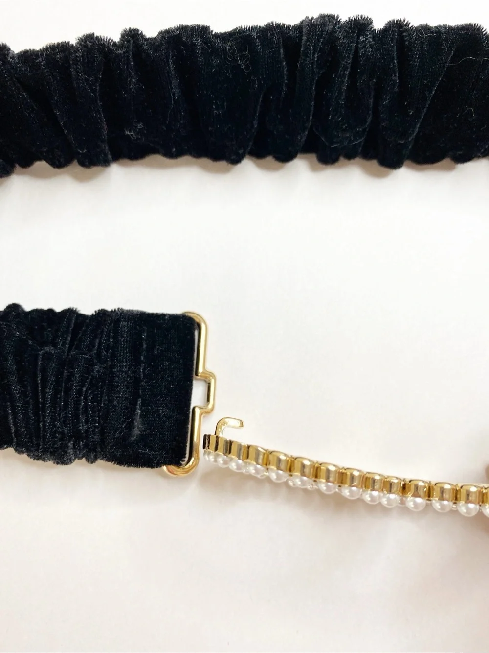 INC Black Velvet Stretch Waist Belt Gold Rhinestone Faux Pearl Buckle 30”- 41”